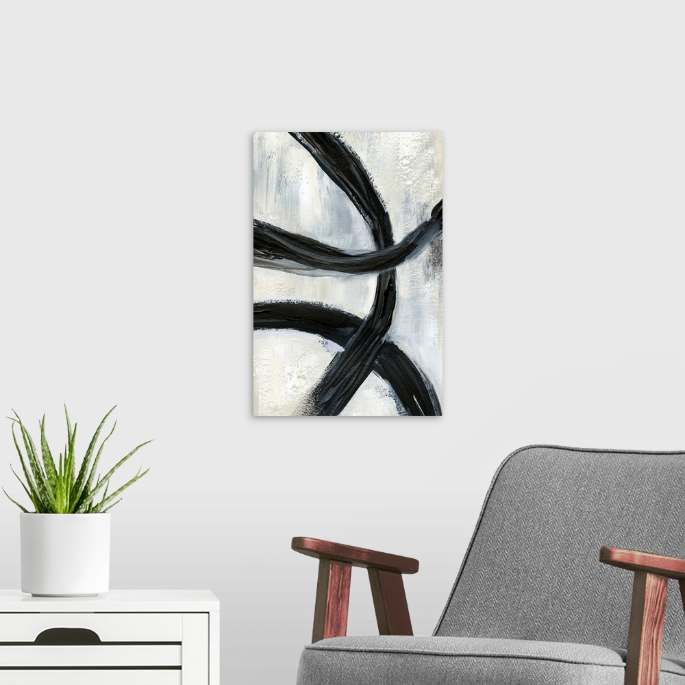 A modern room featuring Contemporary abstract artwork with broad black brush strokes across the center against a neutral ...