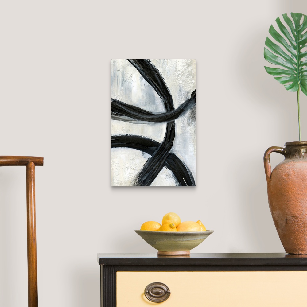 A traditional room featuring Contemporary abstract artwork with broad black brush strokes across the center against a neutral ...