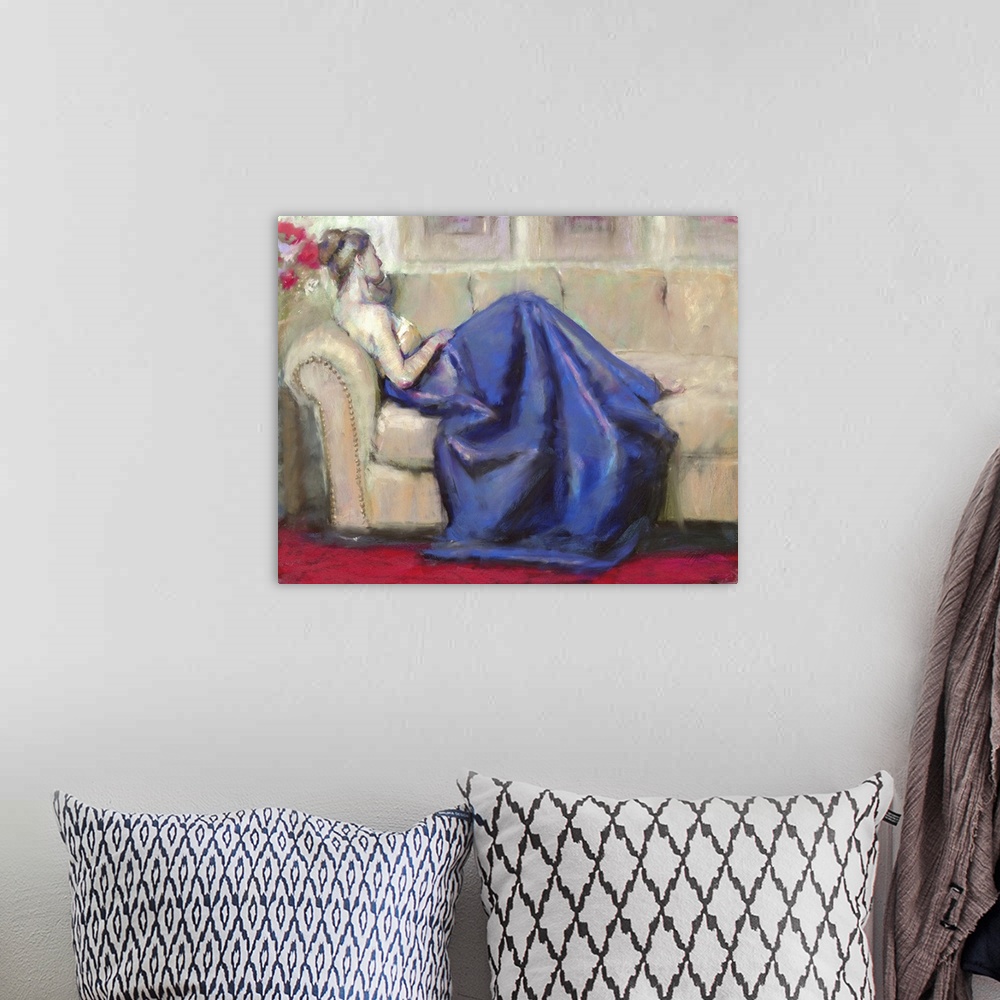 A bohemian room featuring Contemporary artwork of a woman wearing a formal gown and lounging on a sofa.