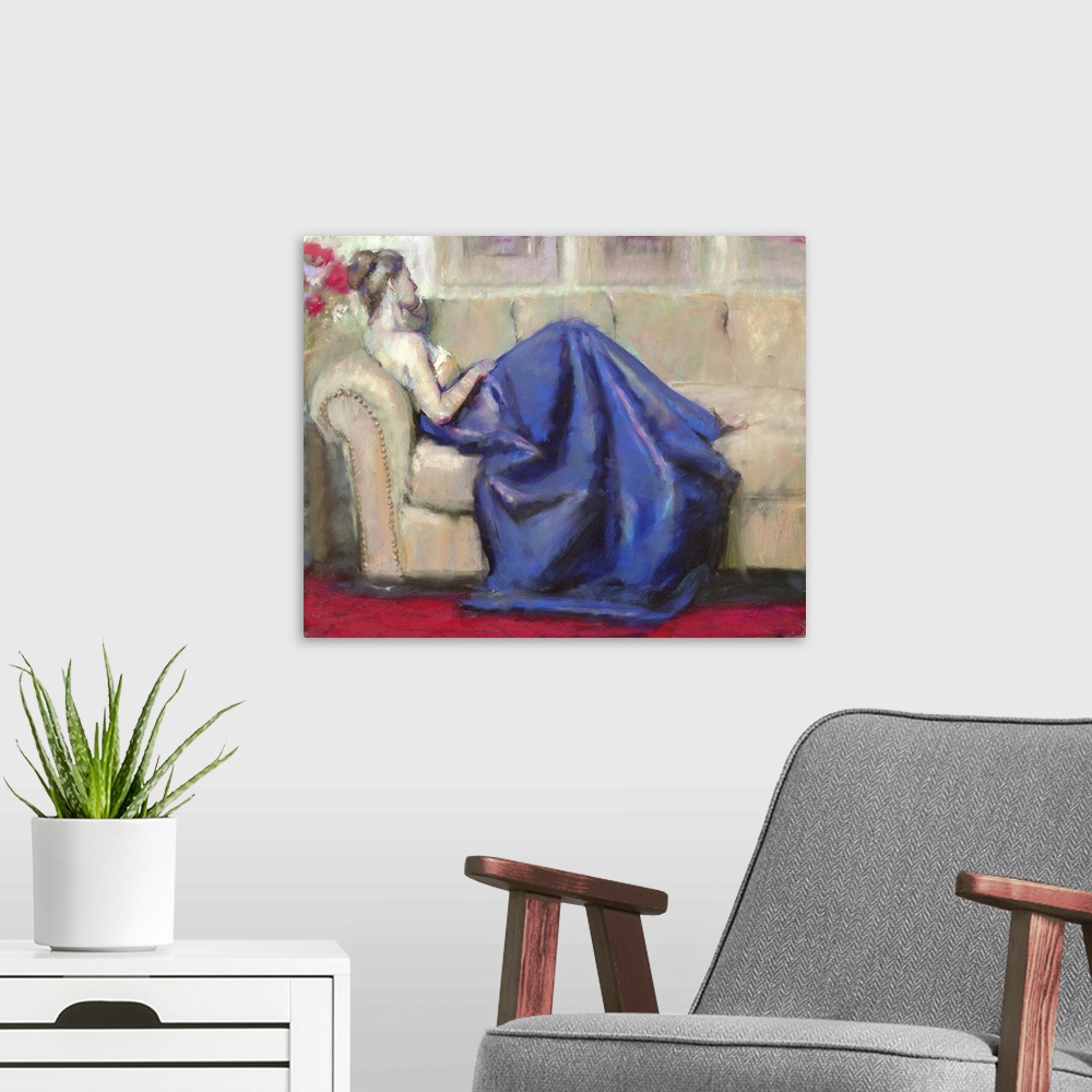 A modern room featuring Contemporary artwork of a woman wearing a formal gown and lounging on a sofa.