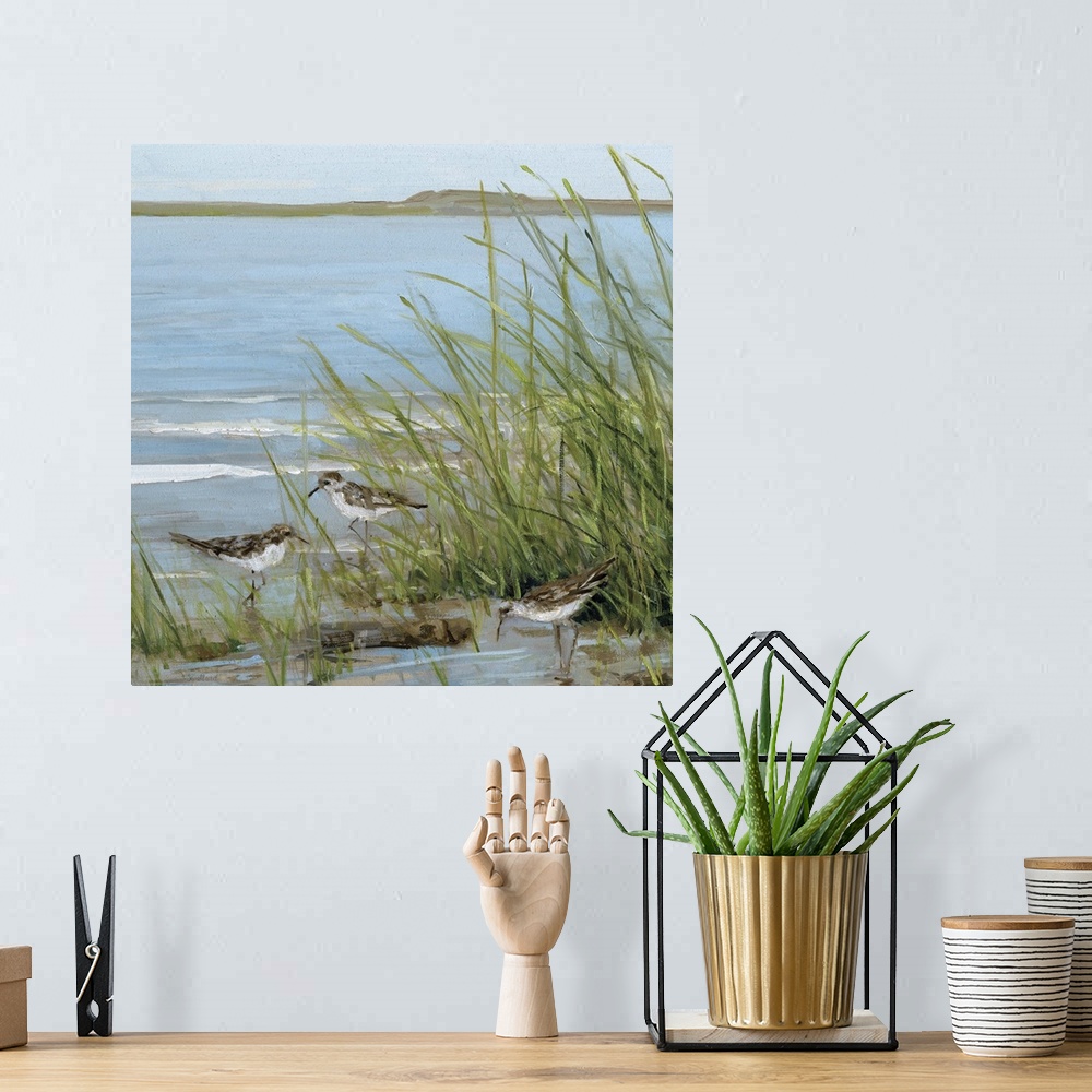 A bohemian room featuring Contemporary painting of seabirds grazing in a grassy sound with small waves breaking in the back...