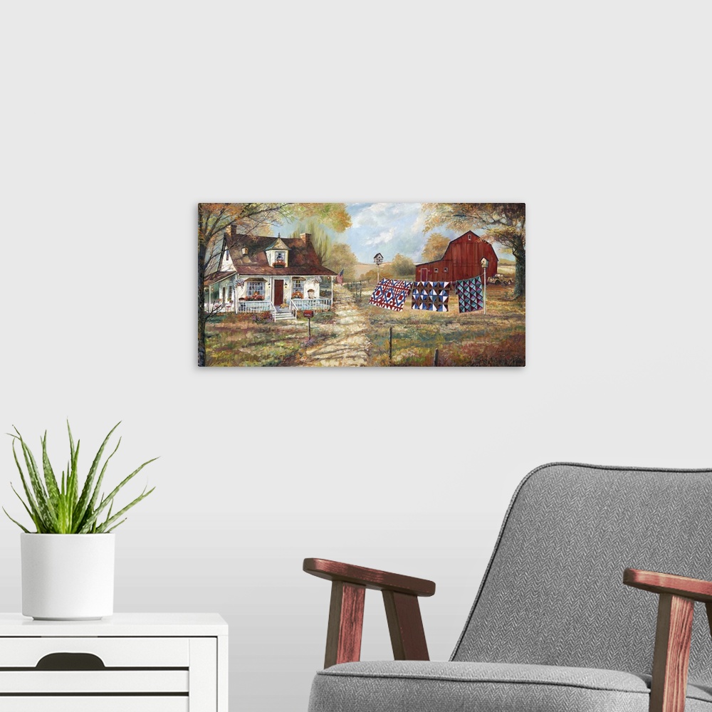 A modern room featuring Large contemporary painting of a farm house and a red barn with three quilts hanging on the line.