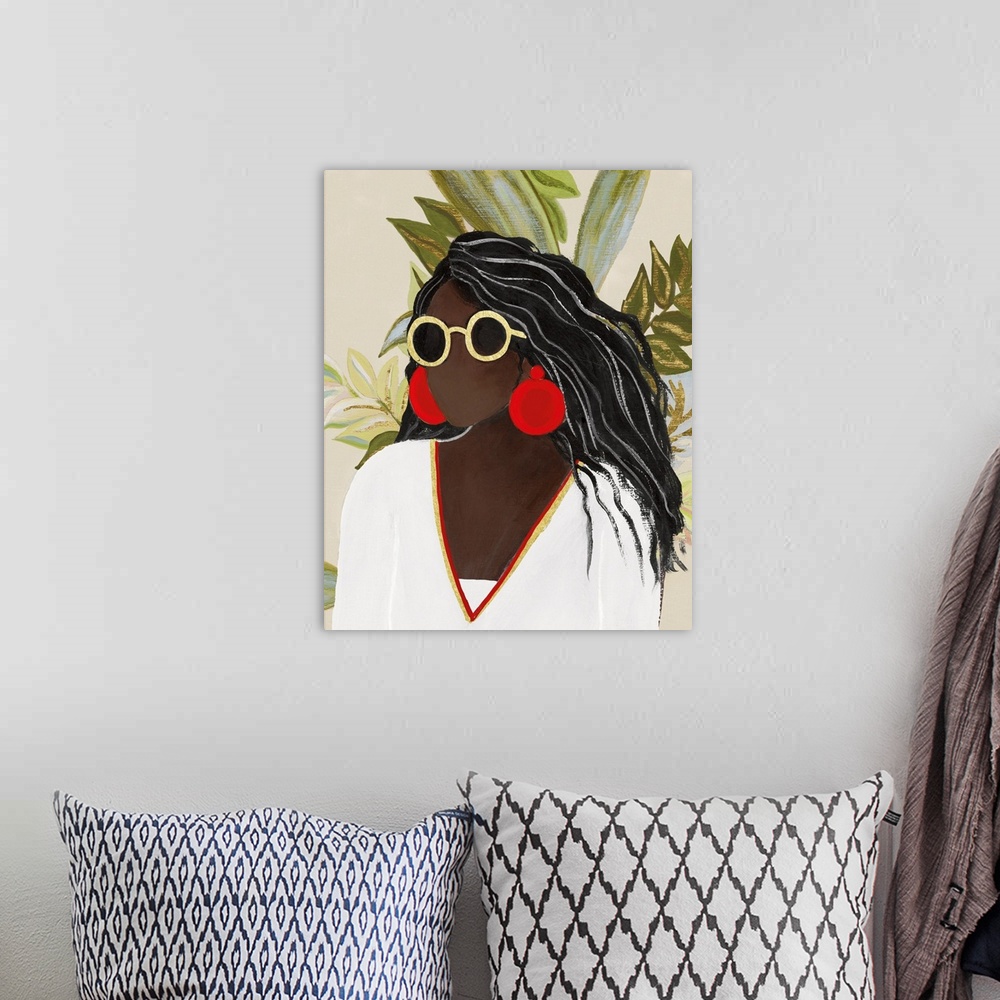 A bohemian room featuring A contemporary portrait of a Black woman with long dark hair, large sunglasses and huge red earrings