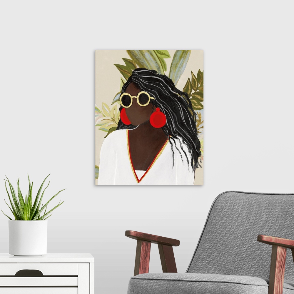 A modern room featuring A contemporary portrait of a Black woman with long dark hair, large sunglasses and huge red earrings