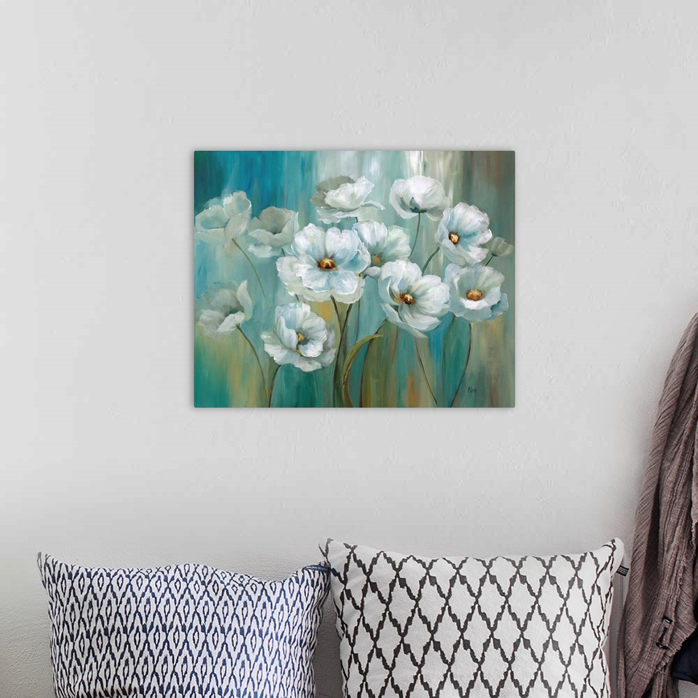 A bohemian room featuring Contemporary painting of white flowers on a vertically painted blue, green, white, and gold backg...
