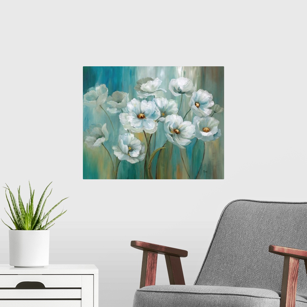 A modern room featuring Contemporary painting of white flowers on a vertically painted blue, green, white, and gold backg...