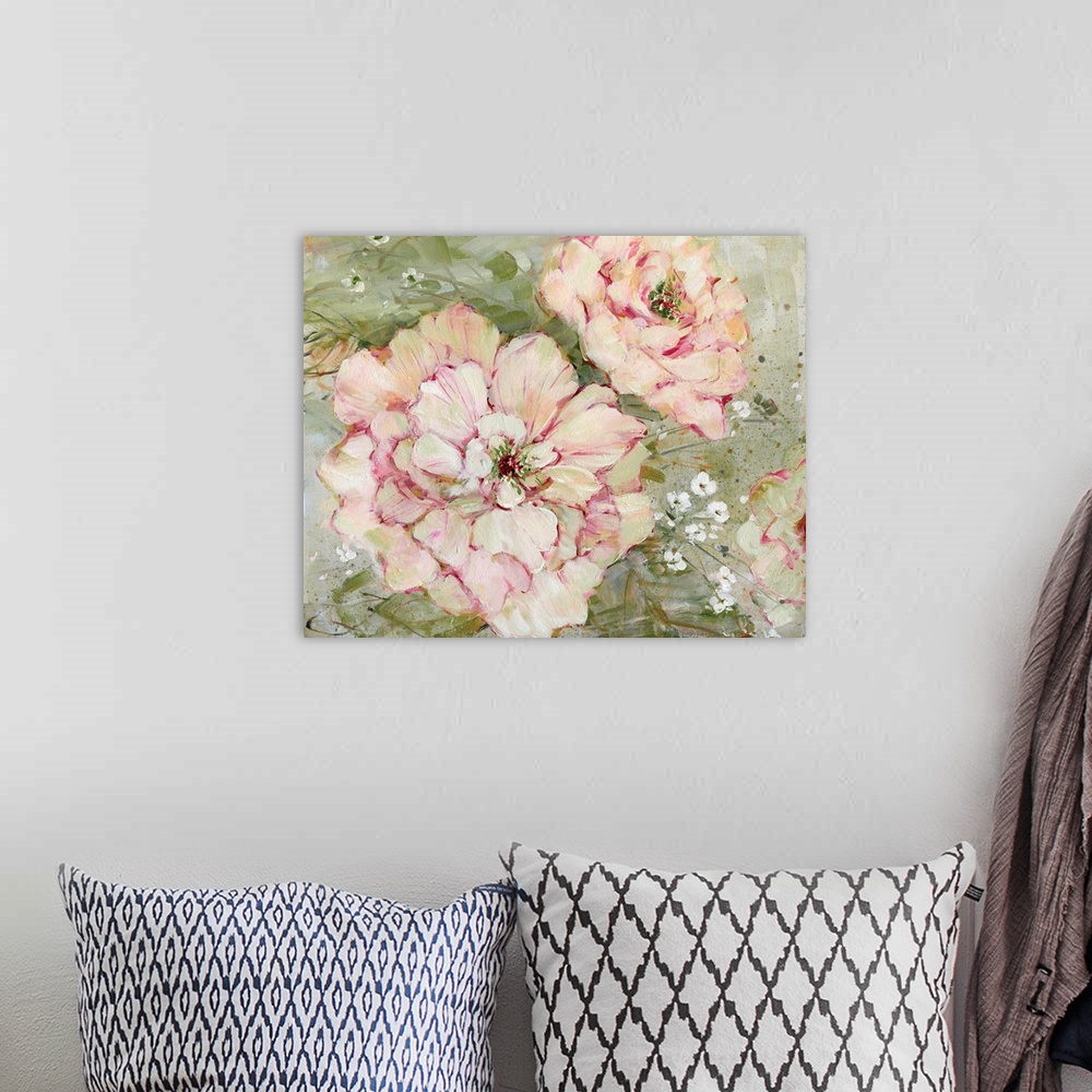 A bohemian room featuring Contemporary artwork of blush pink flowers on a mossy green background with a vintage feel.
