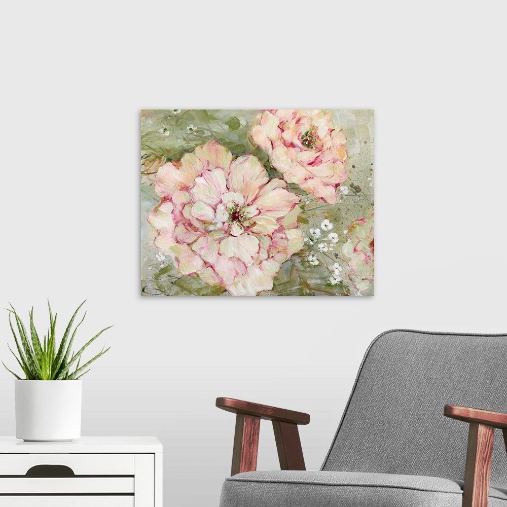 A modern room featuring Contemporary artwork of blush pink flowers on a mossy green background with a vintage feel.