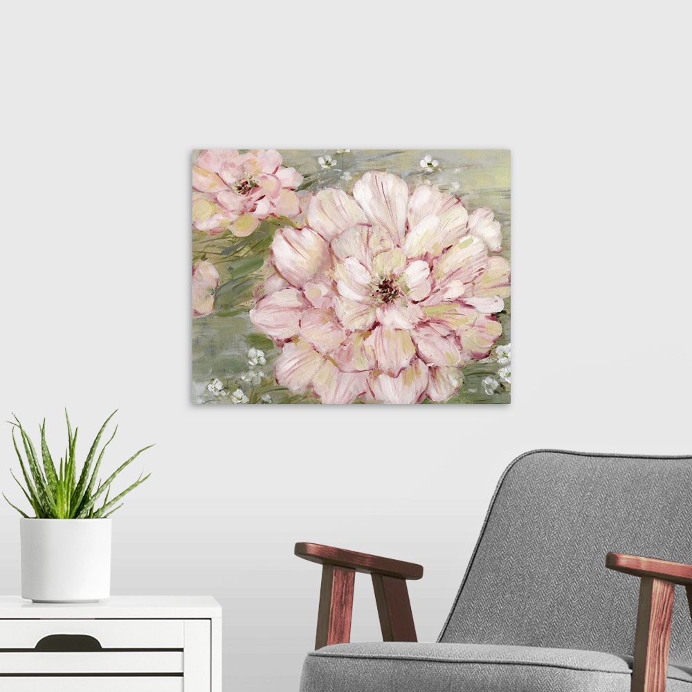 A modern room featuring Contemporary artwork of blush pink flowers on a mossy green background with a vintage feel.