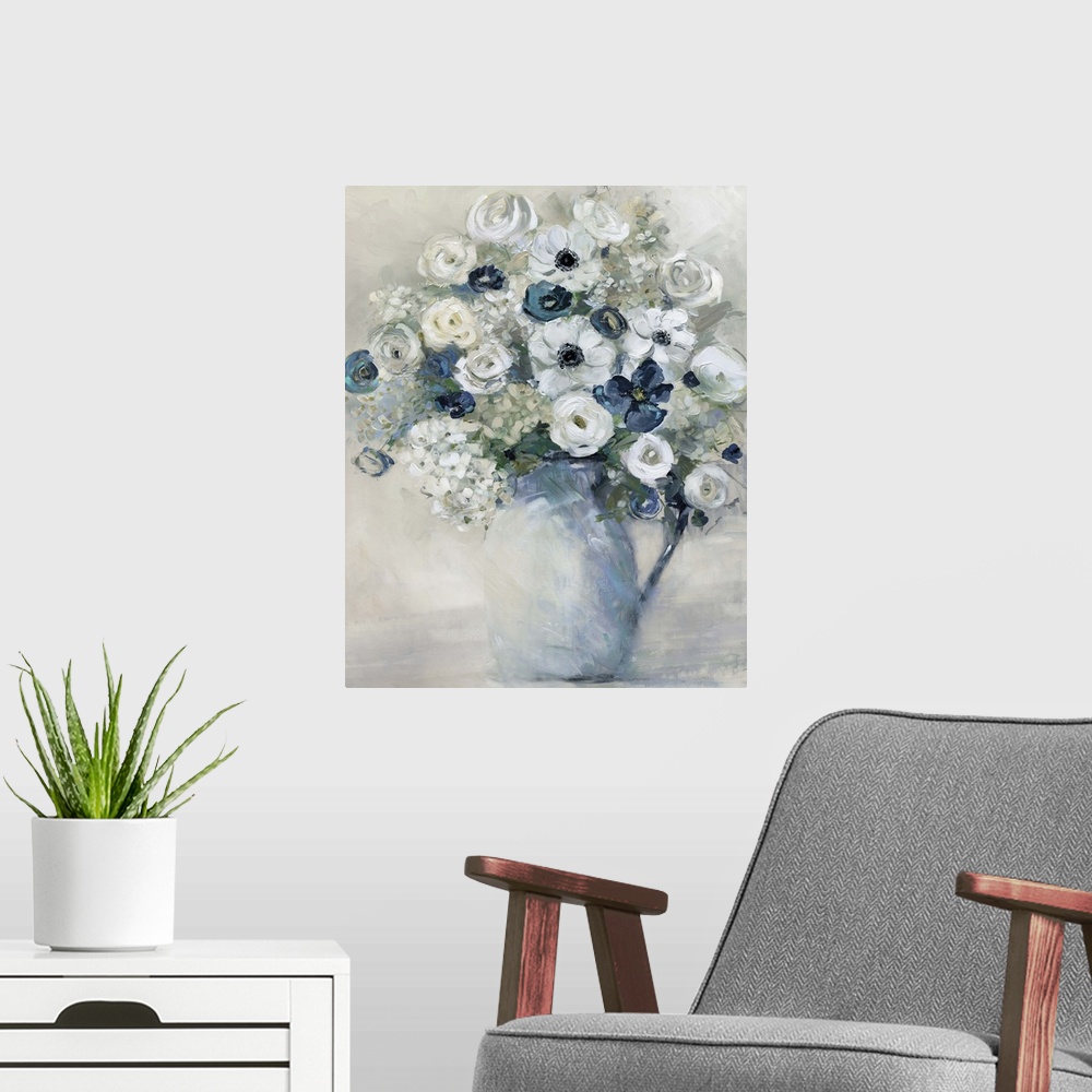 A modern room featuring Vertical artwork of a vase full of flowers in tones of blue, grey and white.