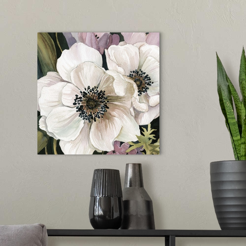 A modern room featuring A watercolor painting of white and pink anemone flowers.
