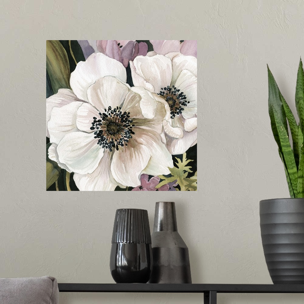 A modern room featuring A watercolor painting of white and pink anemone flowers.