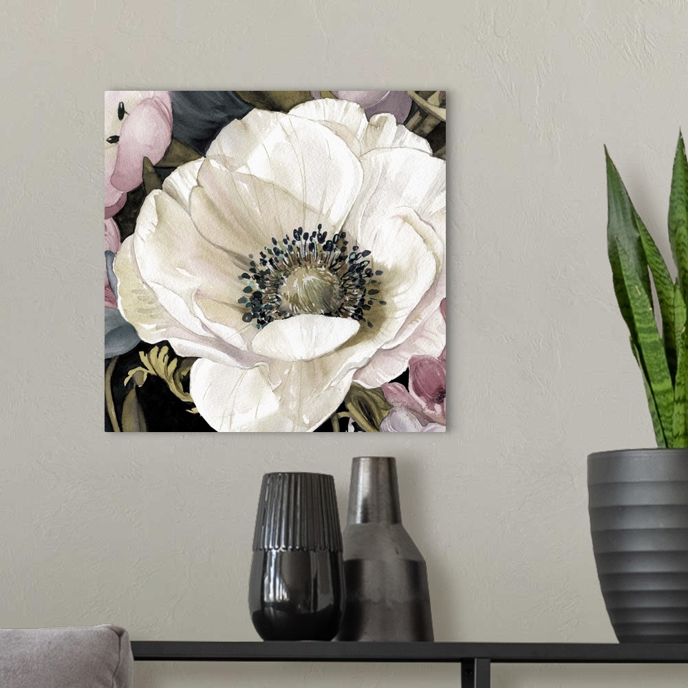 A modern room featuring A watercolor painting of a white anemone flower close-up with different colored flowers around it.