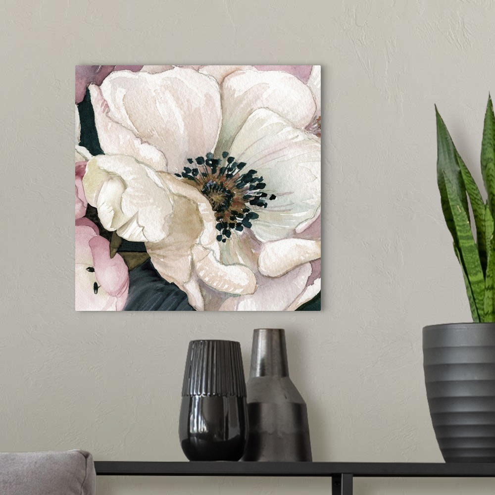 A modern room featuring Close-up painting of a white anemone with pink petals surrounding it, on a square background.
