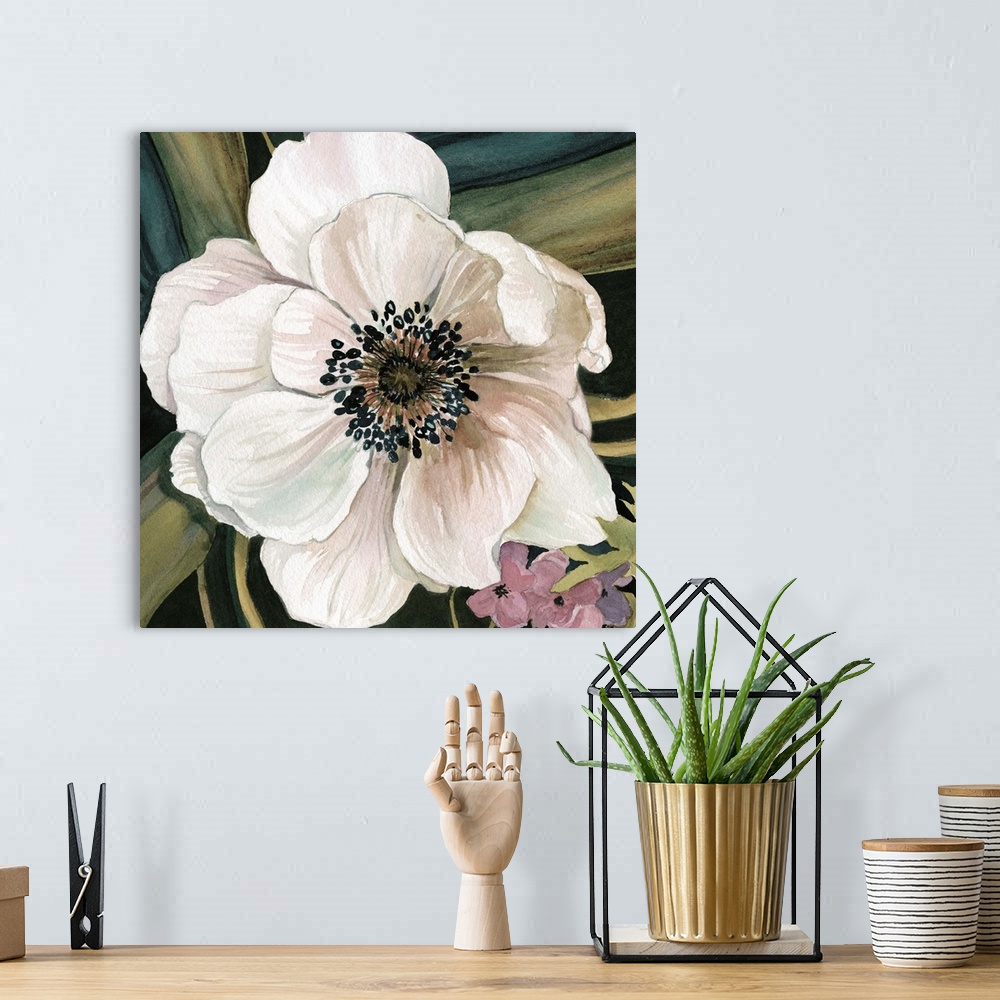 A bohemian room featuring Square watercolor painting of a white anemone flower with a leafy blue and green background.