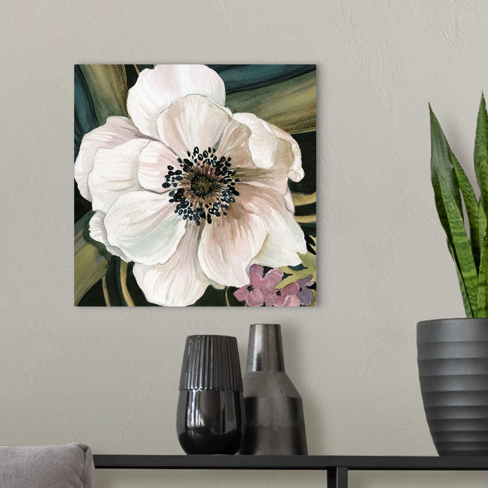 A modern room featuring Square watercolor painting of a white anemone flower with a leafy blue and green background.