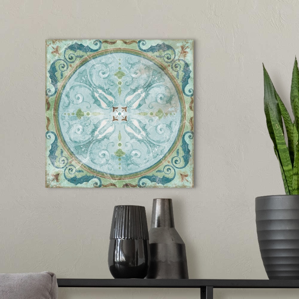 A modern room featuring An antique tile design with floral patterns in blue and green shades.