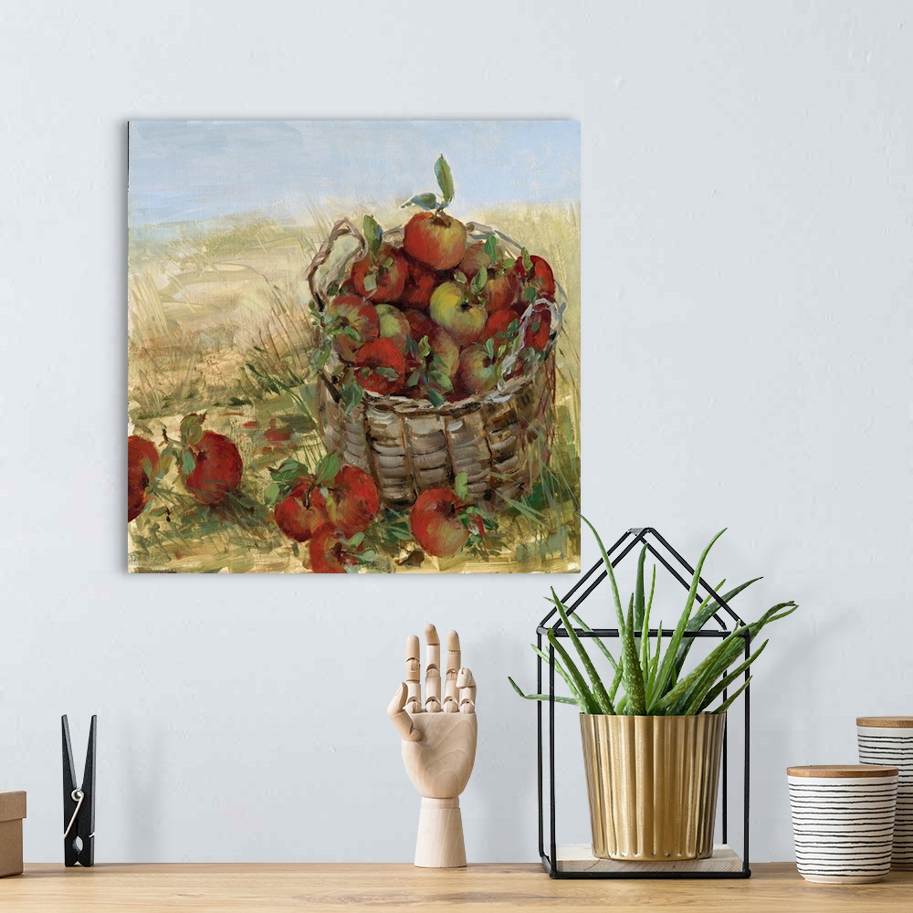 A bohemian room featuring Square painting of baskets of apples that have been freshly picked with an Autumn landscape in th...
