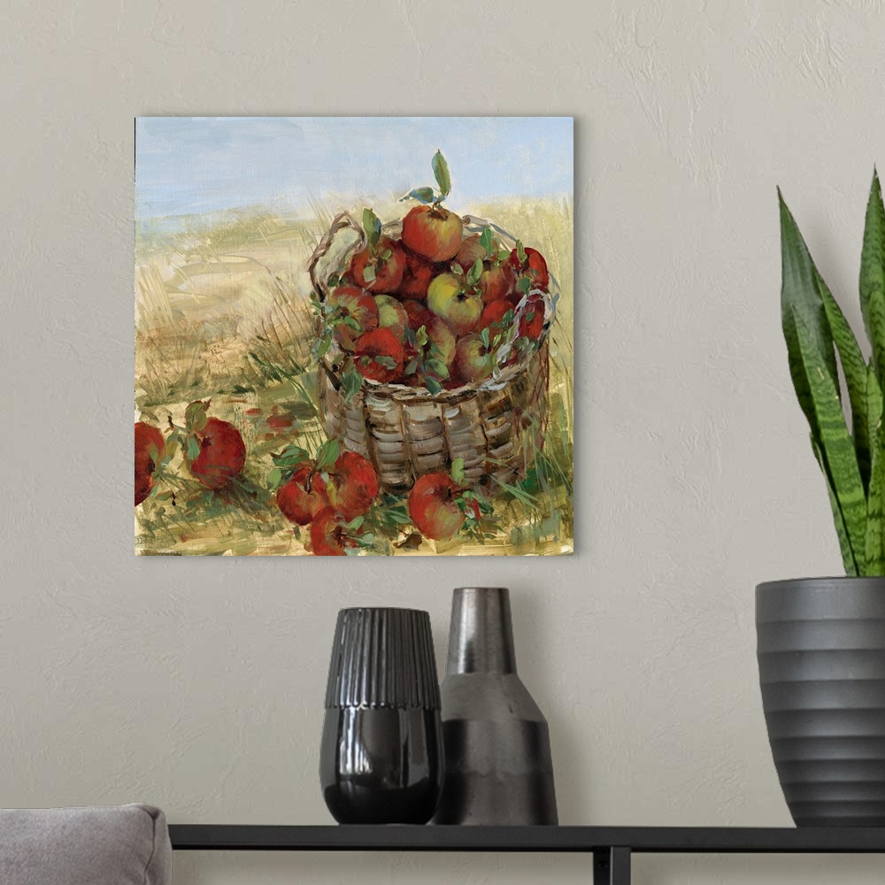 A modern room featuring Square painting of baskets of apples that have been freshly picked with an Autumn landscape in th...