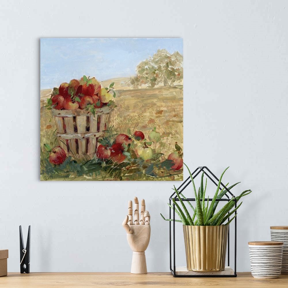A bohemian room featuring Square painting of baskets of apples that have been freshly picked with an Autumn landscape in th...