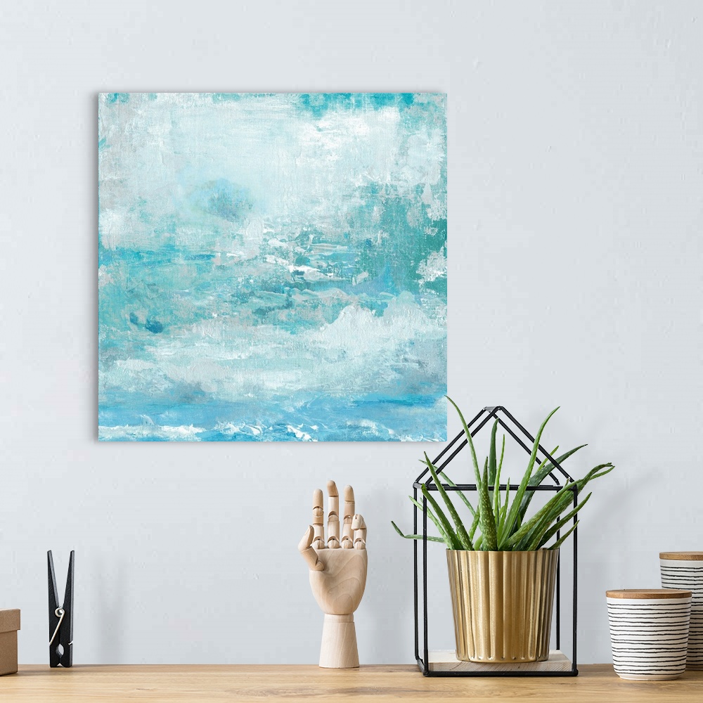 A bohemian room featuring Contemporary abstract painting of a serene blue sky with clouds.
