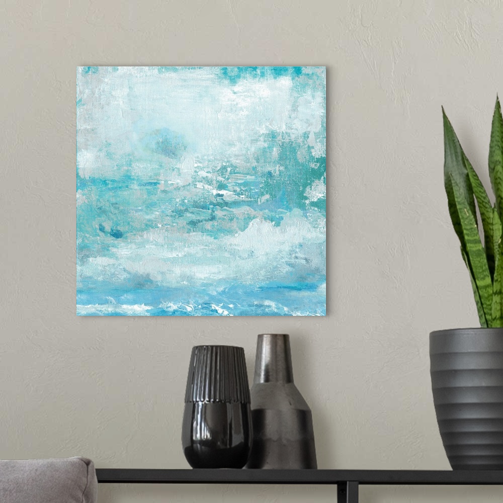 A modern room featuring Contemporary abstract painting of a serene blue sky with clouds.