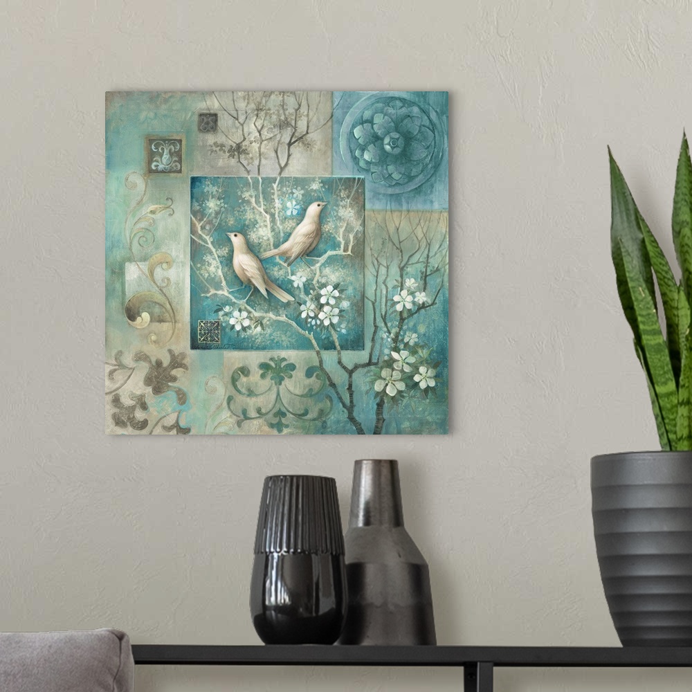 A modern room featuring Decorative art of two birds perched on a white cherry blossom tree surrounded by a tile border em...
