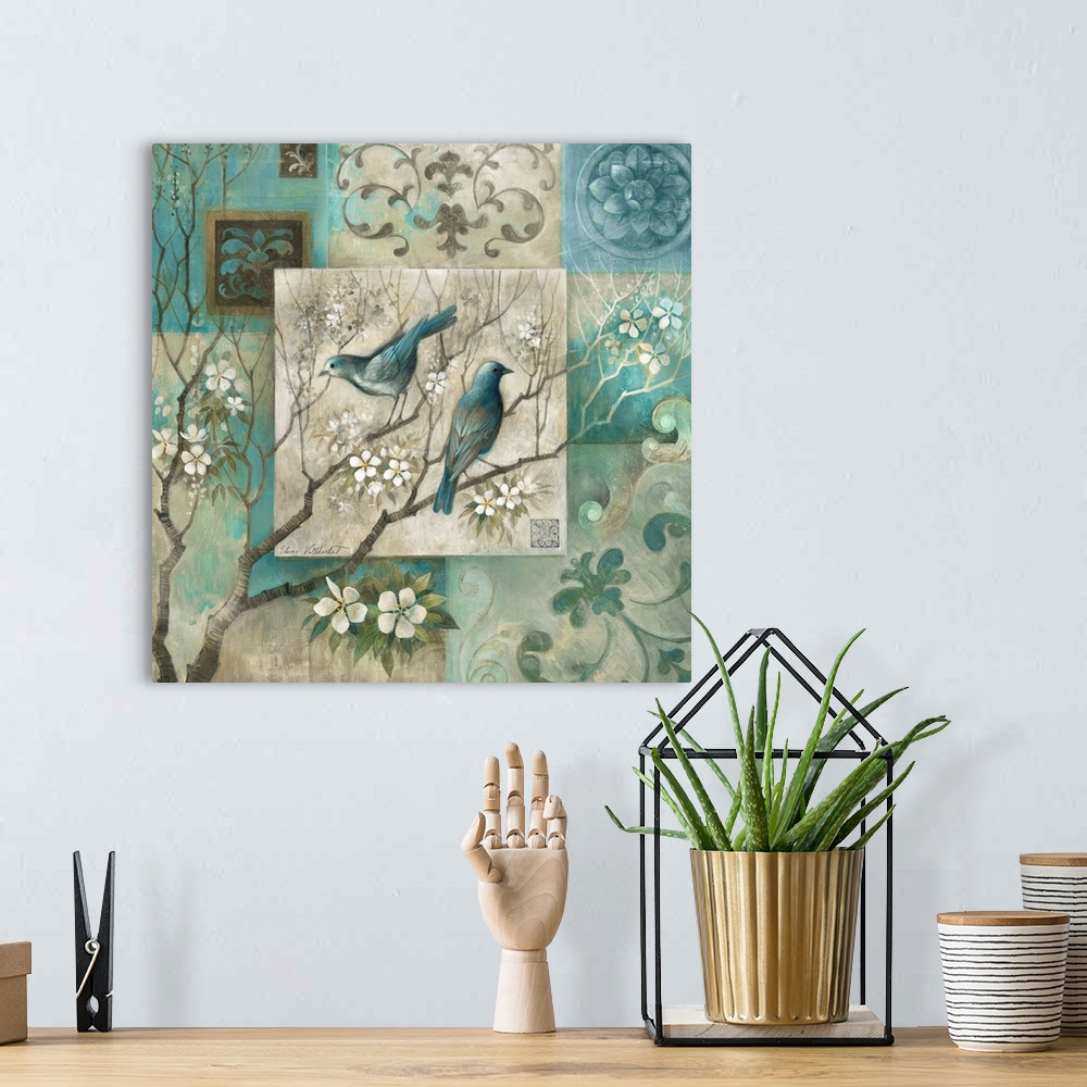 A bohemian room featuring Decorative art of two birds perched on a white cherry blossom tree surrounded by a tile border em...