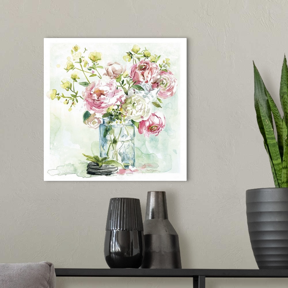A modern room featuring A still life watercolor of a bouquet of flowers in a mason jar.