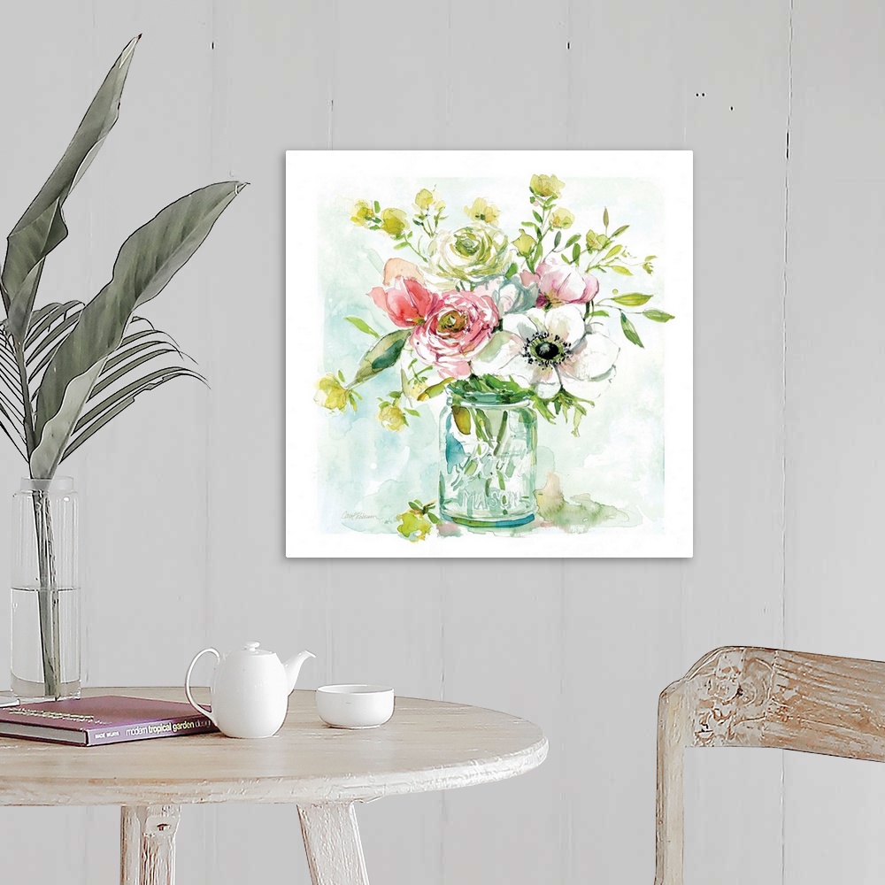A farmhouse room featuring A still life watercolor of a bouquet of flowers in a mason jar.