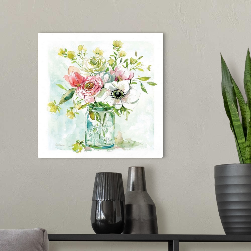 A modern room featuring A still life watercolor of a bouquet of flowers in a mason jar.