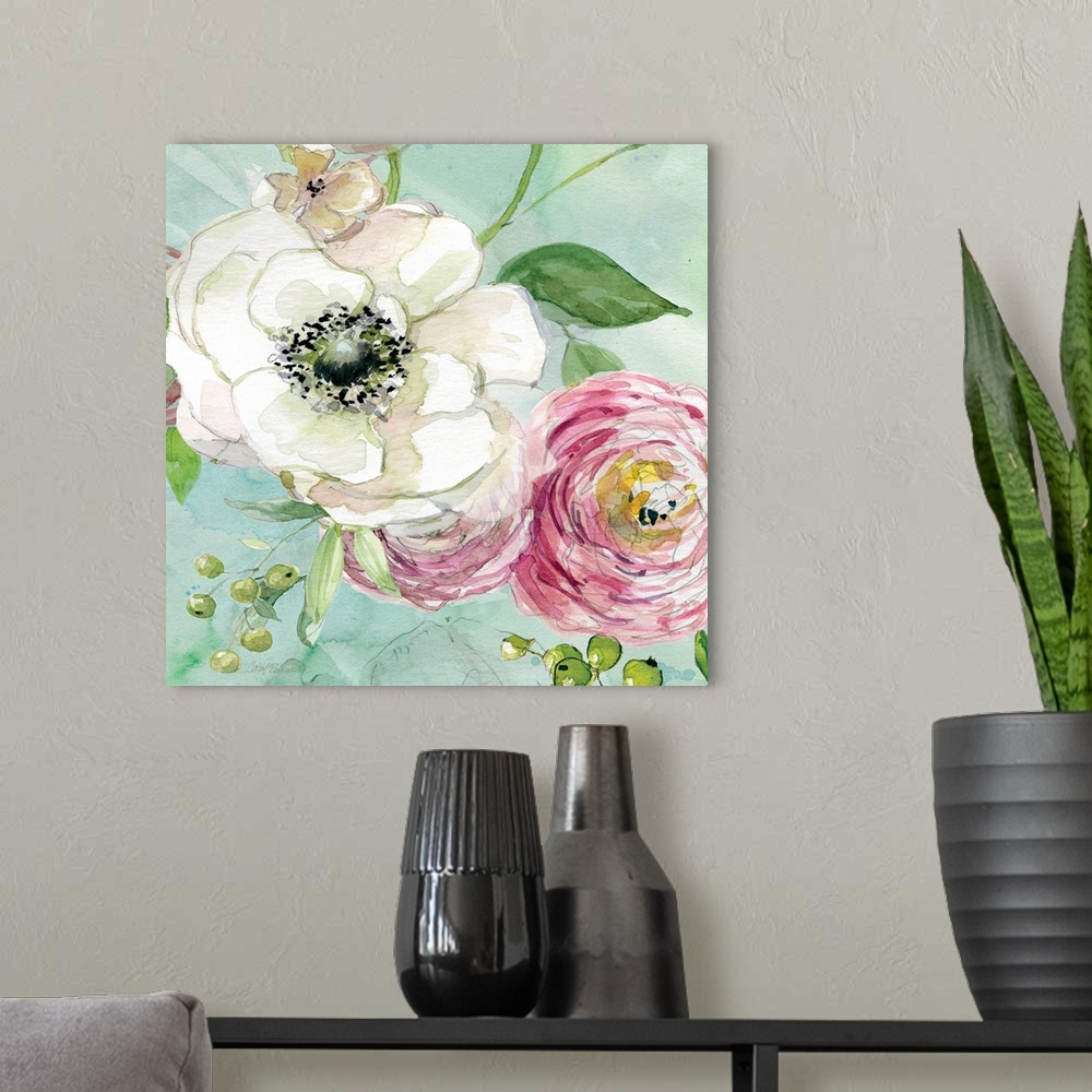 A modern room featuring A watercolor of white and pink flowers on a light blue background.