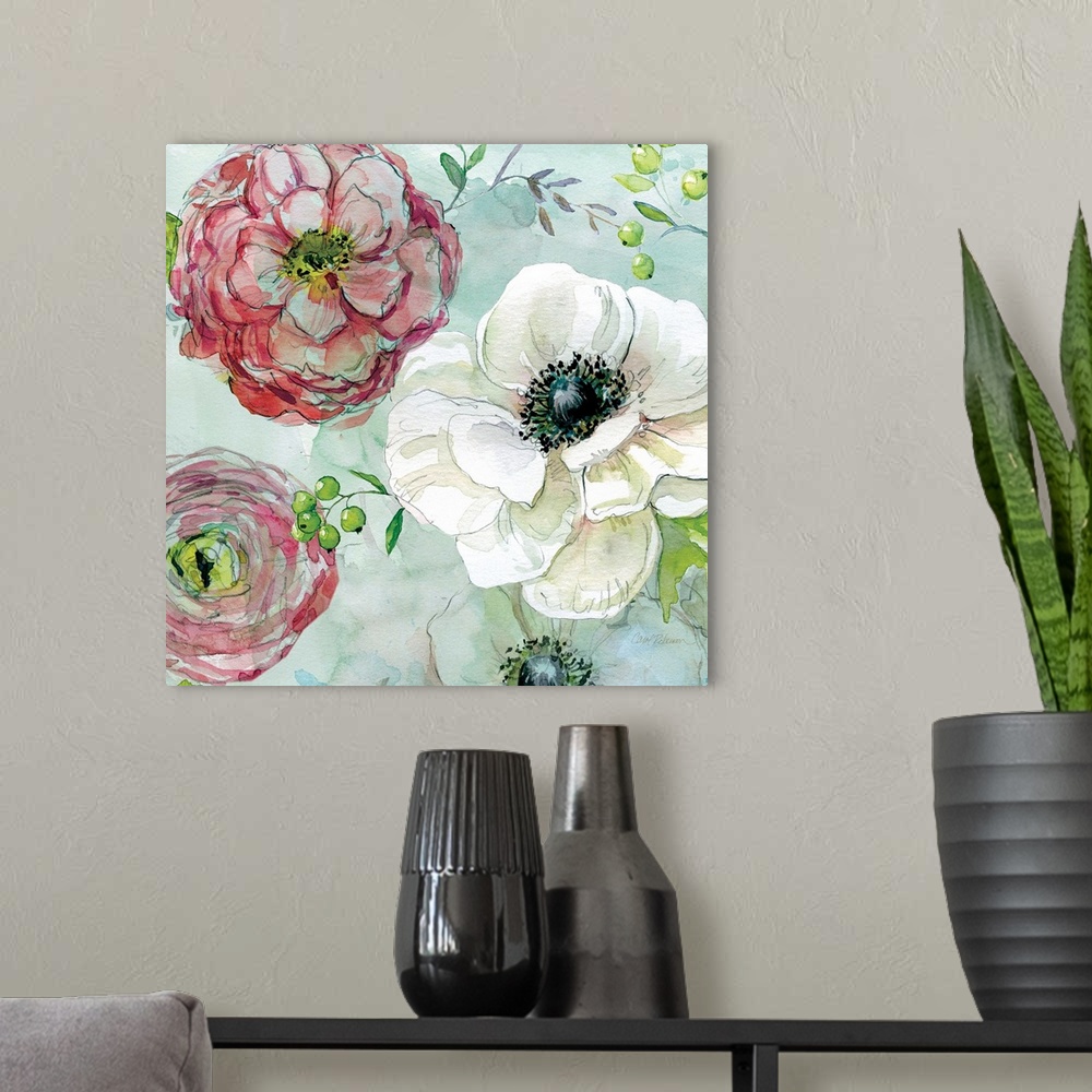 A modern room featuring A watercolor of white, red and pink flowers on a light blue background.