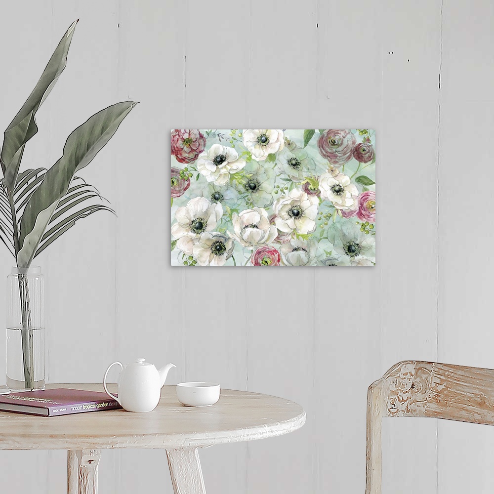 A farmhouse room featuring A floral watercolor painting with a light blue-green background.