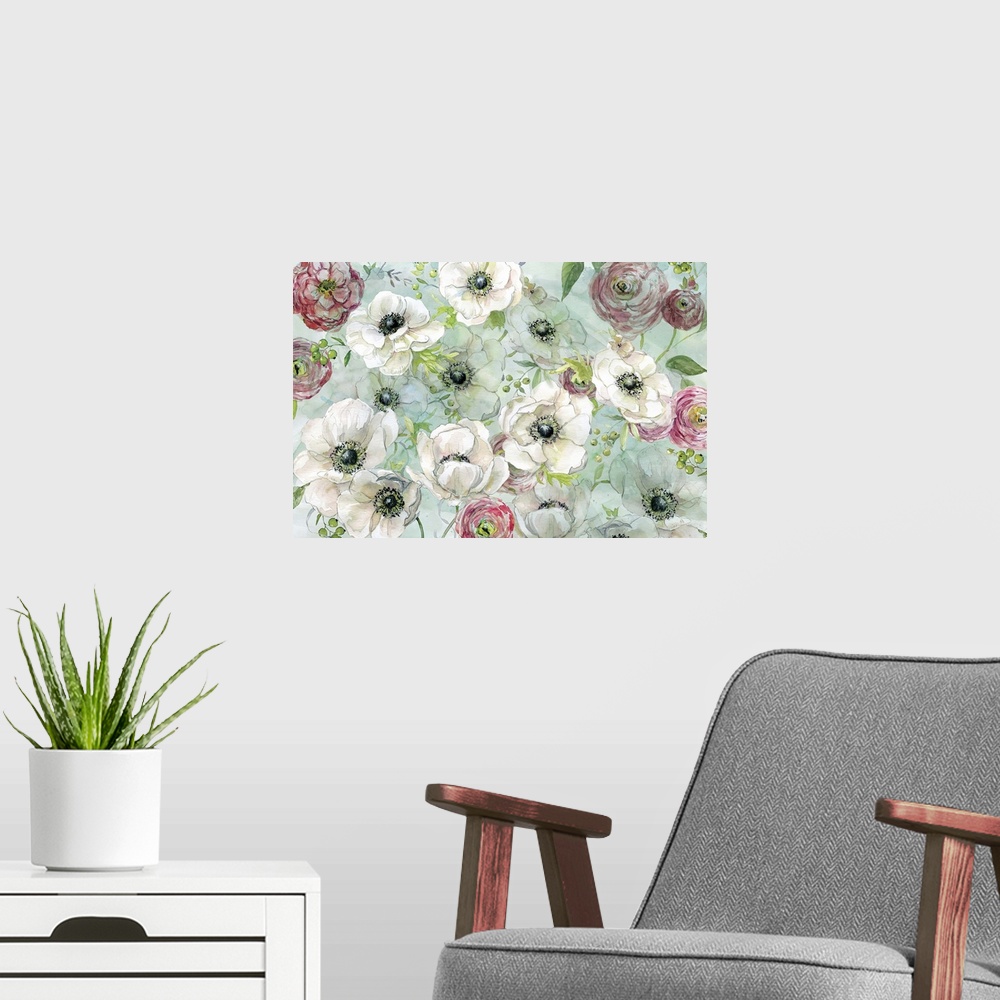 A modern room featuring A floral watercolor painting with a light blue-green background.