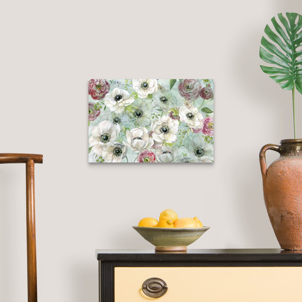 A traditional room featuring A floral watercolor painting with a light blue-green background.