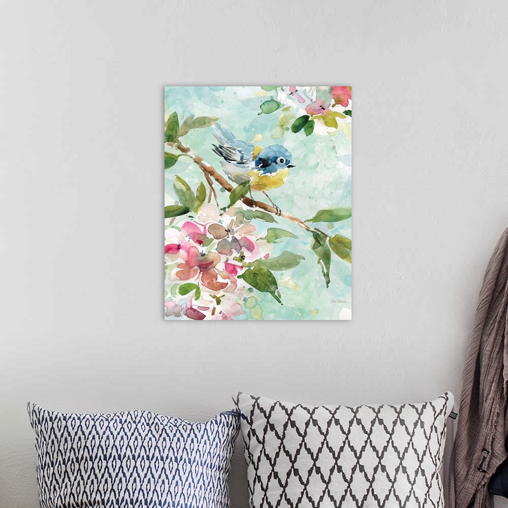 A bohemian room featuring A watercolor painting of a bird perched on a branch surrounded by pink and white flowers with a l...