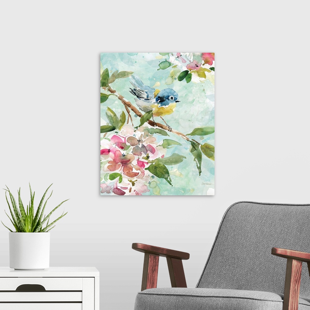 A modern room featuring A watercolor painting of a bird perched on a branch surrounded by pink and white flowers with a l...