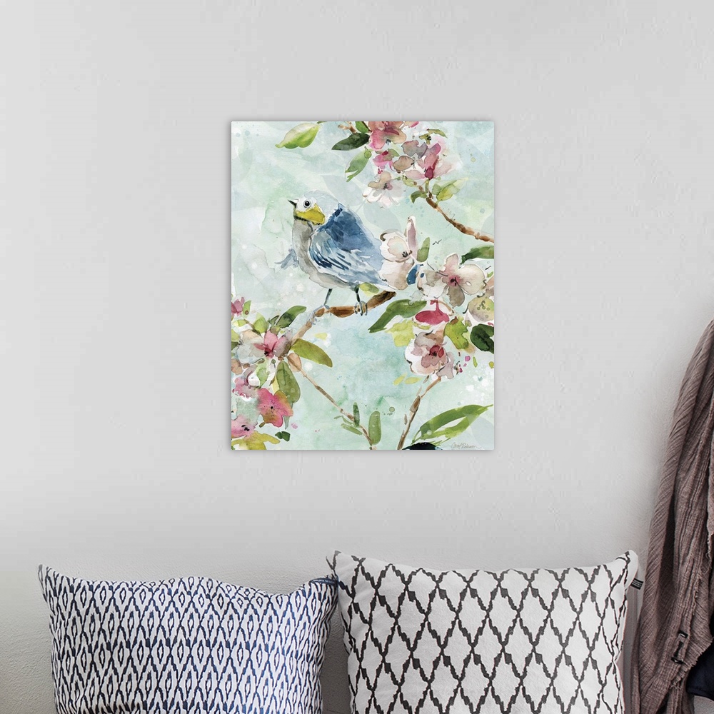 A bohemian room featuring A watercolor painting of a bird perched on a branch surrounded by pink and white flowers with a l...