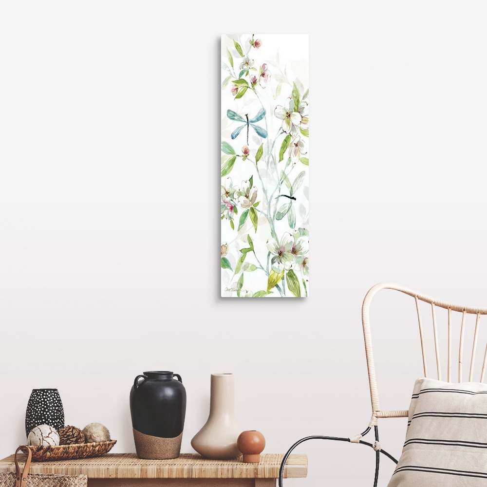 A farmhouse room featuring A watercolor painting of two dragonflies flying among branches covered in flowers and leaves.