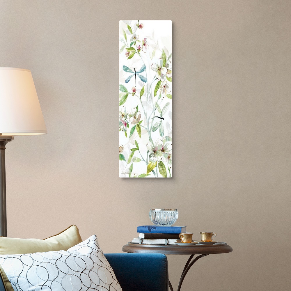 A traditional room featuring A watercolor painting of two dragonflies flying among branches covered in flowers and leaves.
