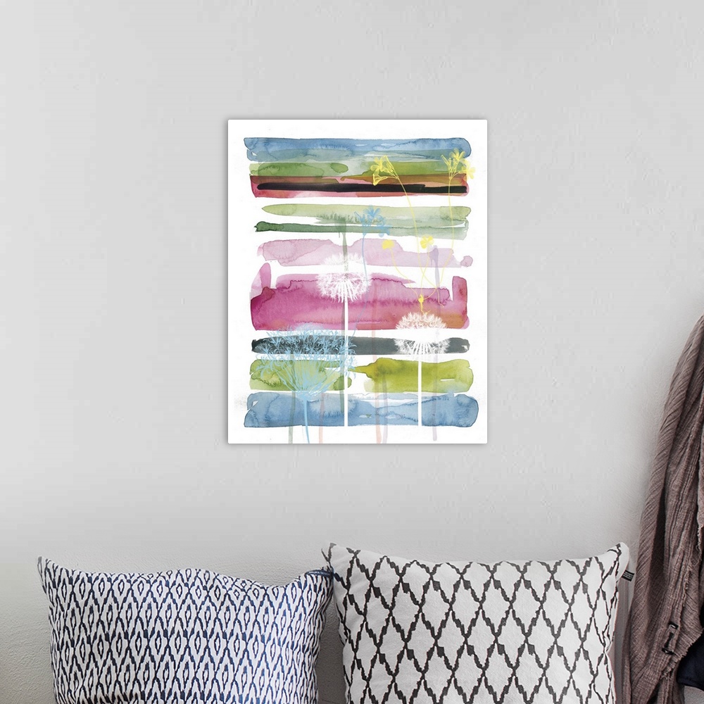 A bohemian room featuring A watercolor painting of different colored horizontal brush strokes with painted silhouettes of f...