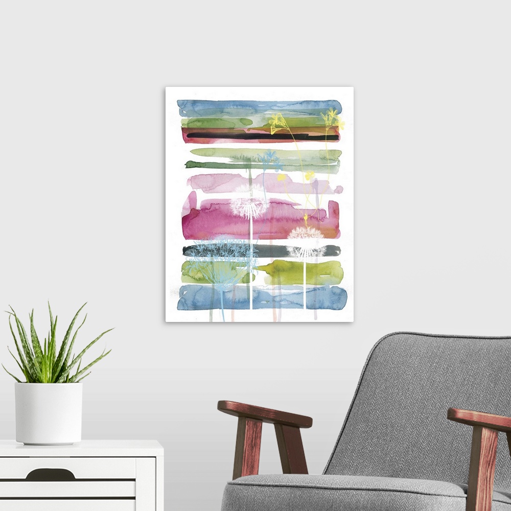A modern room featuring A watercolor painting of different colored horizontal brush strokes with painted silhouettes of f...