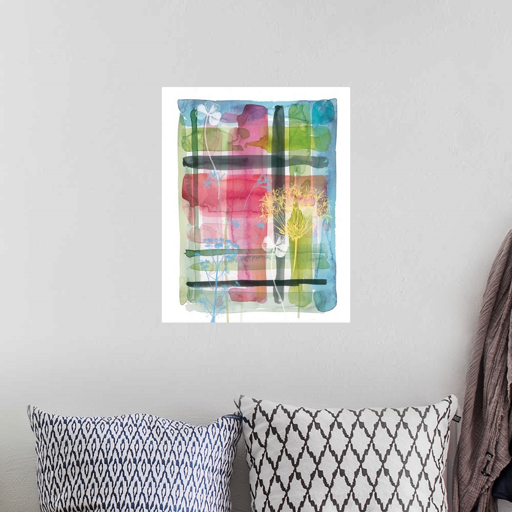 A bohemian room featuring A watercolor painting of different colored horizontal and vertical brush strokes with painted sil...