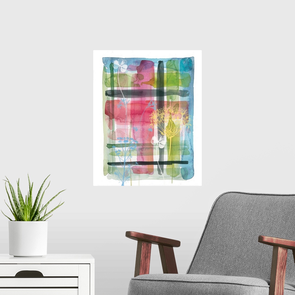 A modern room featuring A watercolor painting of different colored horizontal and vertical brush strokes with painted sil...