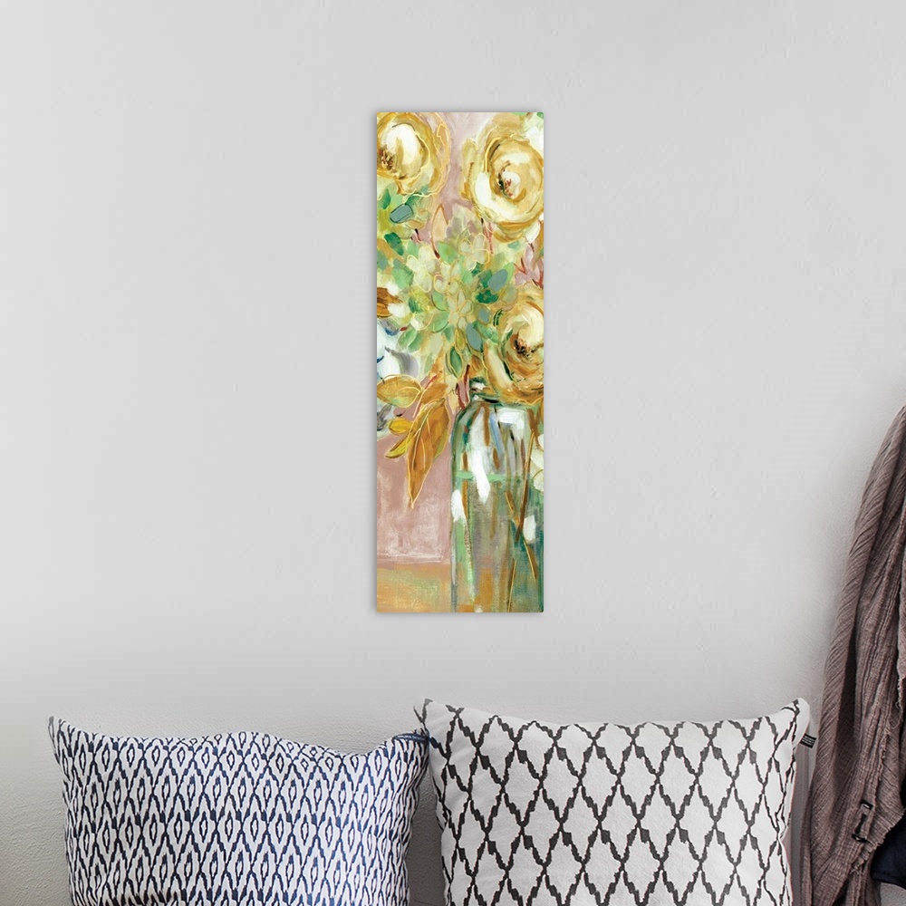A bohemian room featuring Large panel painting of colorful flowers in a vase with metallic gold outlines.