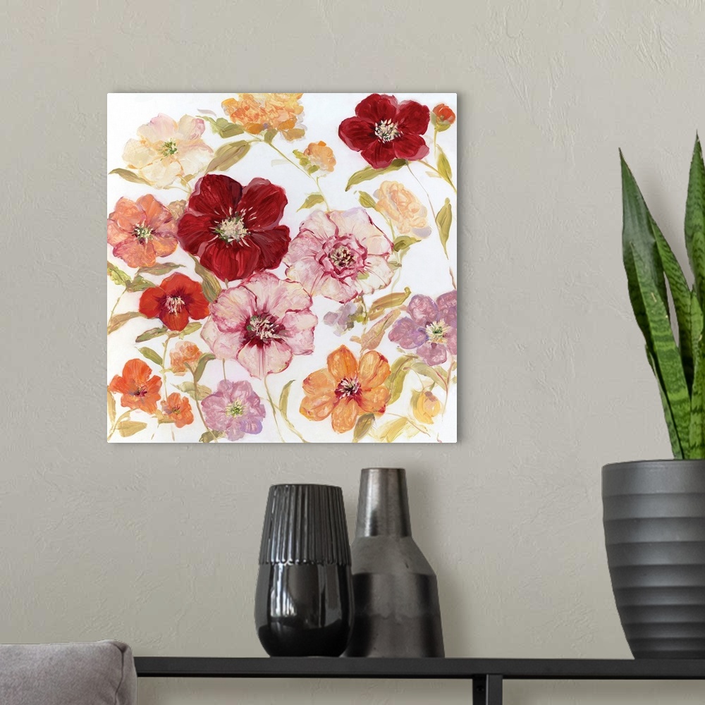 A modern room featuring Contemporary square painting of warm toned flowers on a solid white background.
