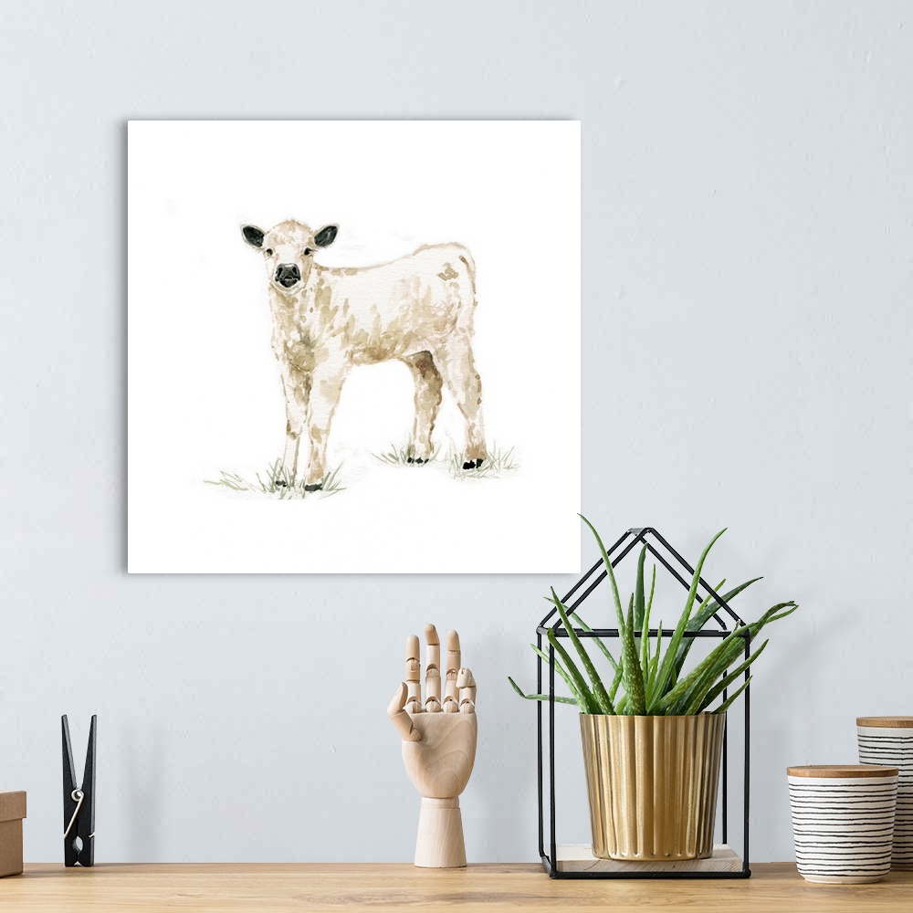 A bohemian room featuring Cute illustration of a small white calf.