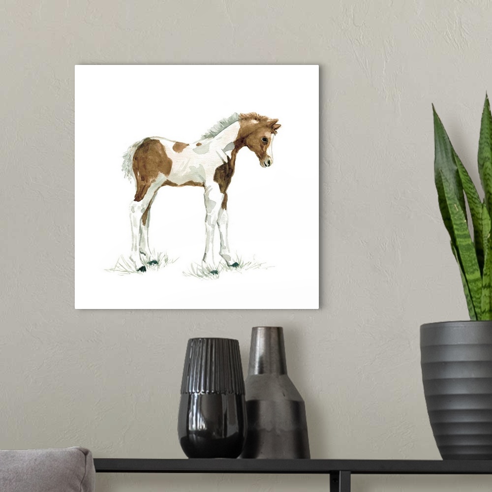 A modern room featuring Cute illustration of a small brown and white foal.
