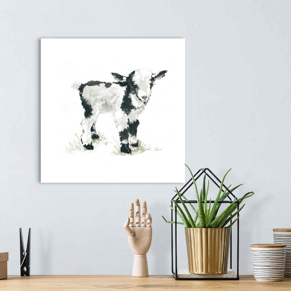 A bohemian room featuring Cute illustration of a small black and white goat.